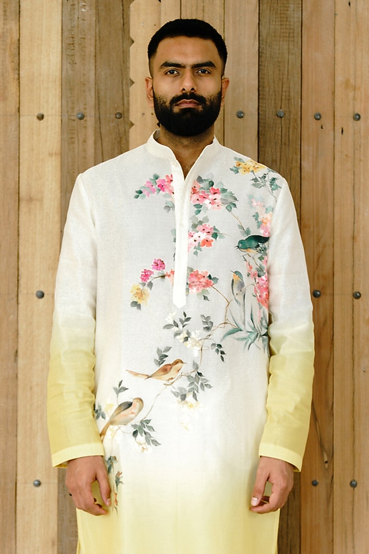 Ivory Ombre Chanderi Hand Painted Kurta Set by Wabi Sabi Men at Pernia's Pop Up Shop