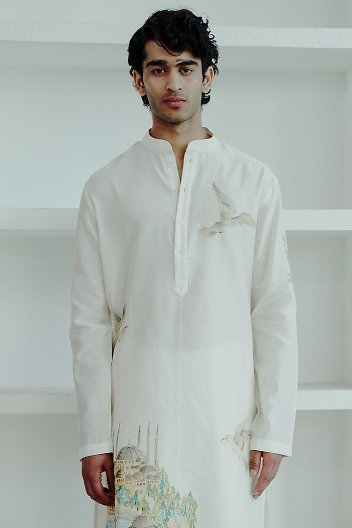 Ivory Chanderi Hand Painted Kurta Set by Wabi Sabi Men at Pernia's Pop Up Shop