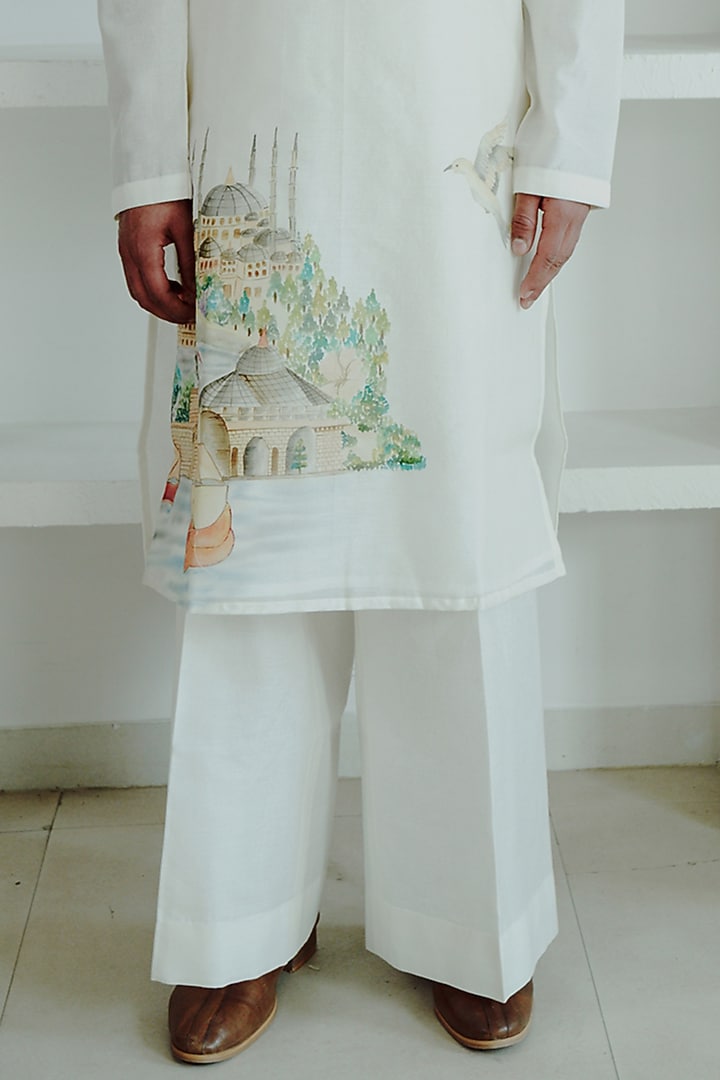 Ivory Chanderi Hand Painted Kurta Set by Wabi Sabi Men at Pernia's Pop Up Shop