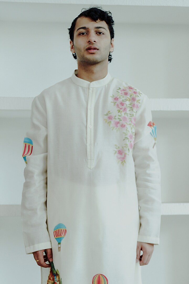 Ivory Chanderi Hand Painted Kurta Set by Wabi Sabi Men at Pernia's Pop Up Shop