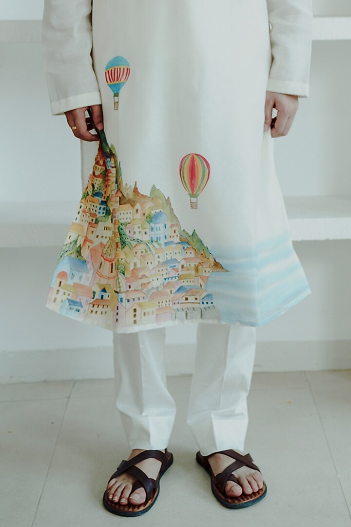 Ivory Chanderi Hand Painted Kurta Set by Wabi Sabi Men at Pernia's Pop Up Shop