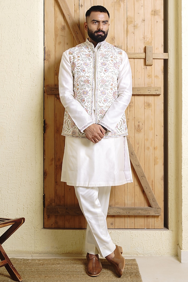 Ivory Chanderi Resham Embroidered Bundi Jacket Set by WABI SABI