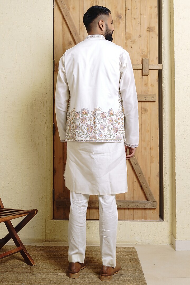 Ivory Chanderi Resham Embroidered Bundi Jacket Set by Wabi Sabi Men at Pernia's Pop Up Shop