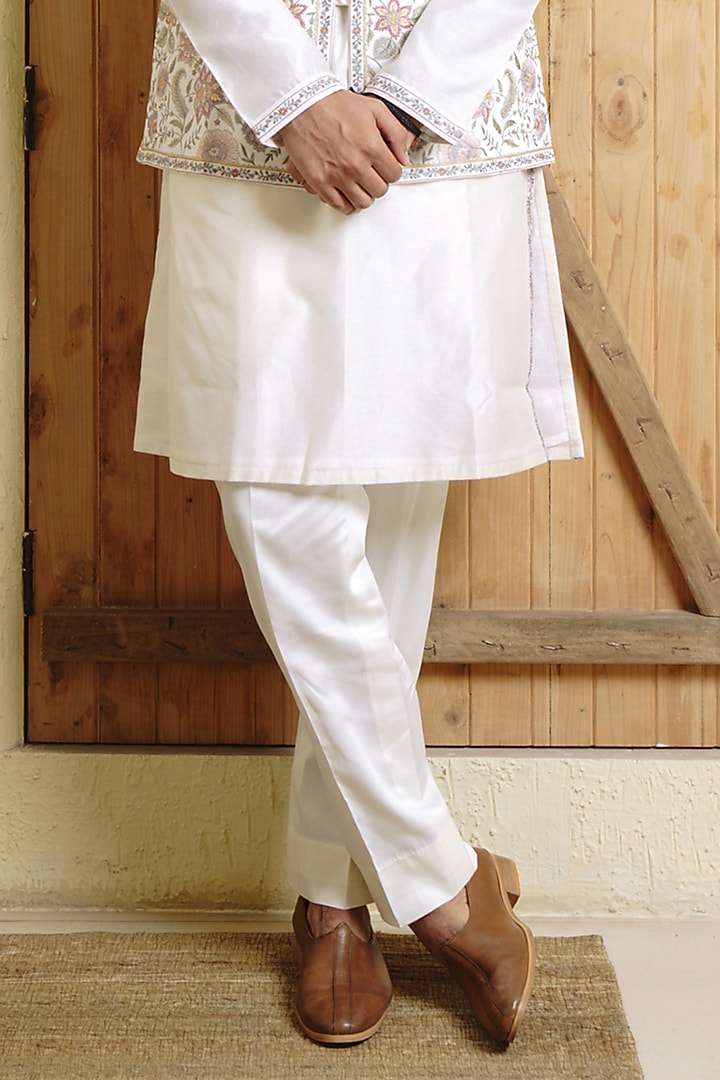 Ivory Chanderi Resham Embroidered Bundi Jacket Set by Wabi Sabi Men at Pernia's Pop Up Shop