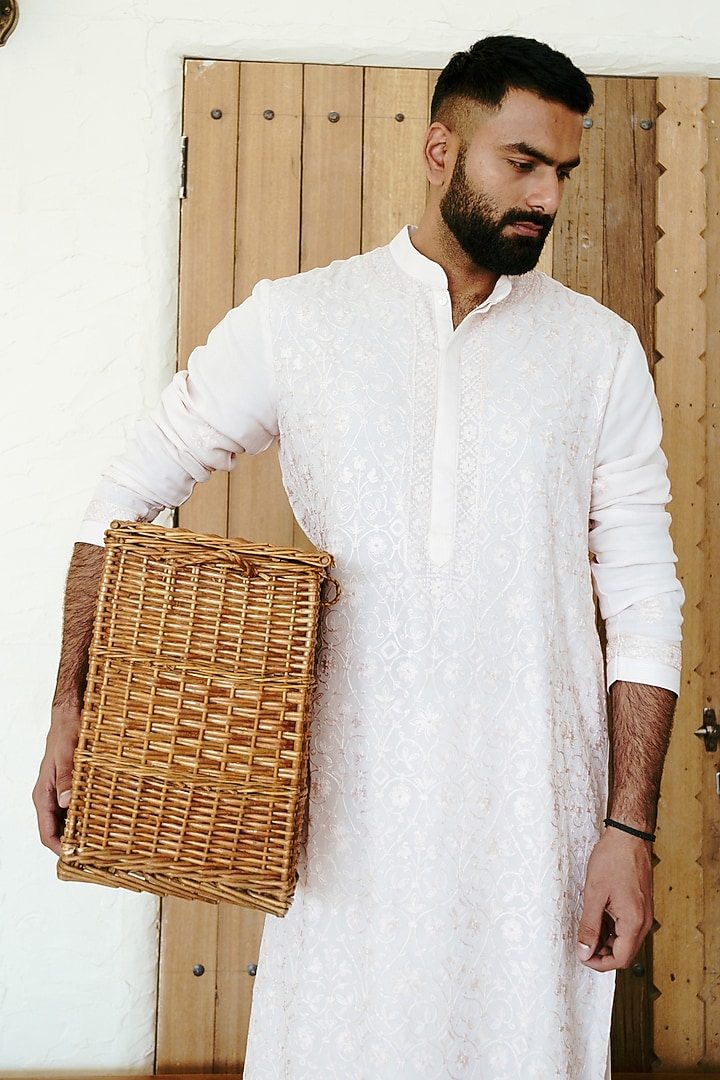 Pale Pink Georgette Aari Embroidered Kurta Set by Wabi Sabi Men at Pernia's Pop Up Shop