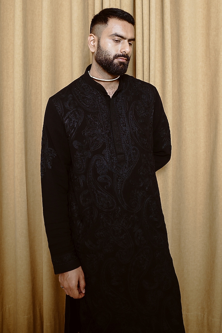 Black Georgette Aari Embroidered Kurta Set by Wabi Sabi Men at Pernia's Pop Up Shop