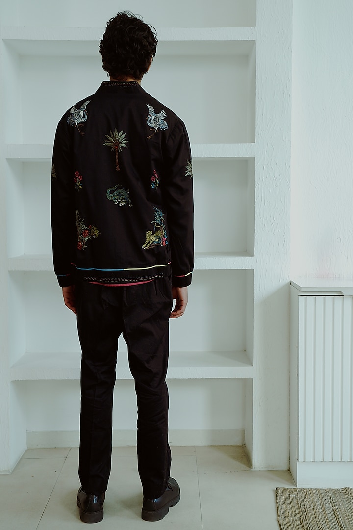 Black Cotton Silk Resham Embroidered Bomber Jacket Set by Wabi Sabi Men at Pernia's Pop Up Shop