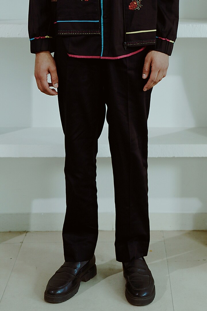 Black Cotton Silk Resham Embroidered Bomber Jacket Set by Wabi Sabi Men at Pernia's Pop Up Shop
