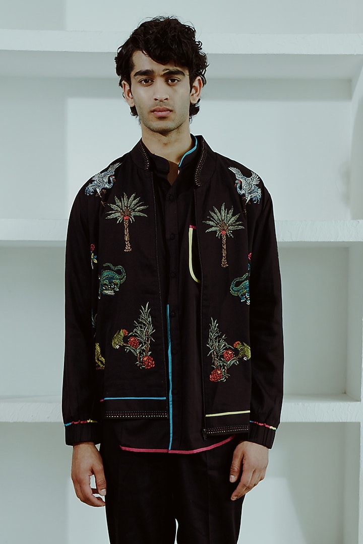 Black Cotton Silk Resham Embroidered Bomber Jacket Set by Wabi Sabi Men at Pernia's Pop Up Shop