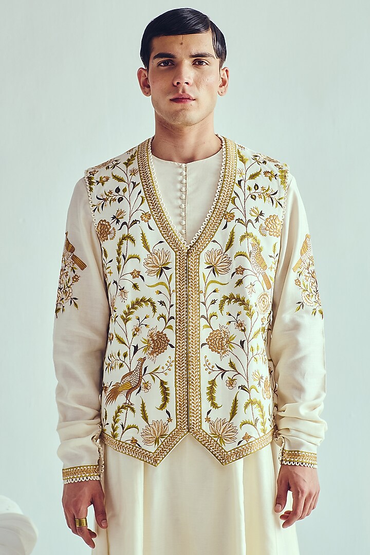 Ivory Chanderi Resham Embroidered Handloom Bundi Jacket Set by Wabi Sabi Men at Pernia's Pop Up Shop