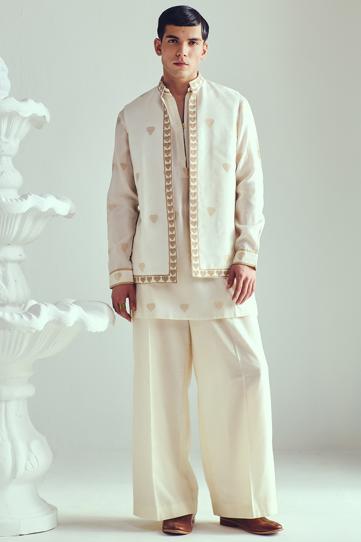 Ivory Chanderi Marodi Embroidered Handloom Bundi Jacket Set by WABI SABI