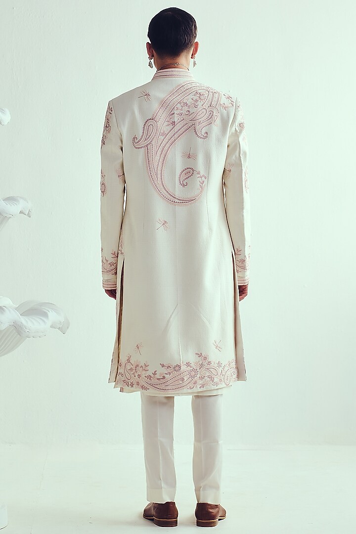 Ivory Chanderi Pearl Embroidered Handloom Groom Sherwani Set by Wabi Sabi Men at Pernia's Pop Up Shop