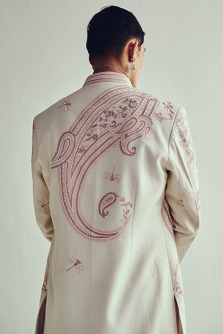 Ivory Chanderi Pearl Embroidered Handloom Groom Sherwani Set by Wabi Sabi Men at Pernia's Pop Up Shop