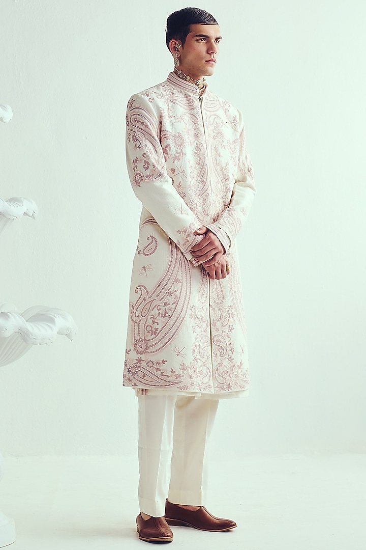 Ivory Chanderi Pearl Embroidered Handloom Groom Sherwani Set by Wabi Sabi Men at Pernia's Pop Up Shop