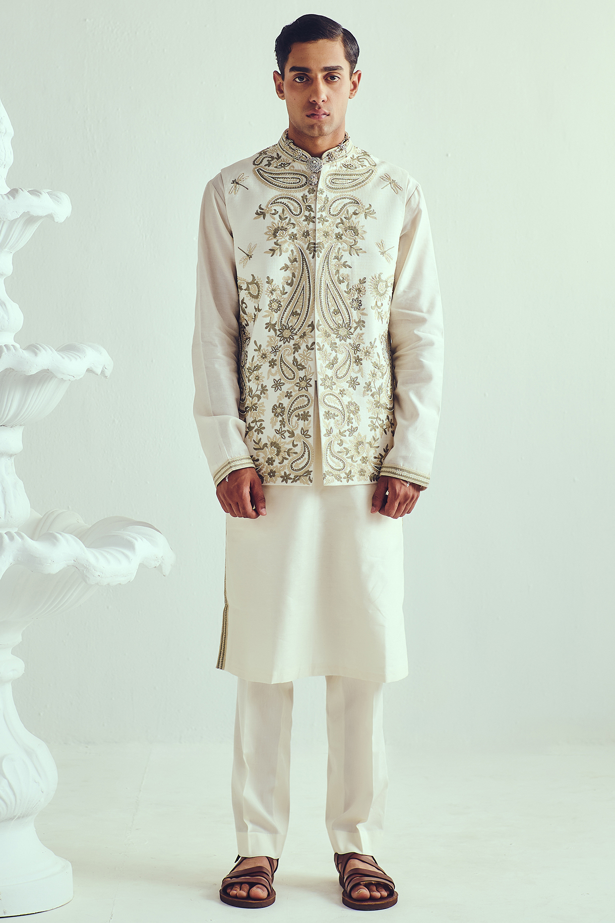 Ivory Chanderi Hand Embroidered Handloom Bundi Jacket Set by WABI SABI