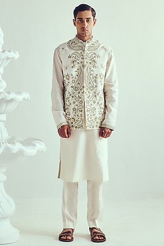 Ivory Chanderi Hand Embroidered Handloom Bundi Jacket Set by Wabi Sabi Men