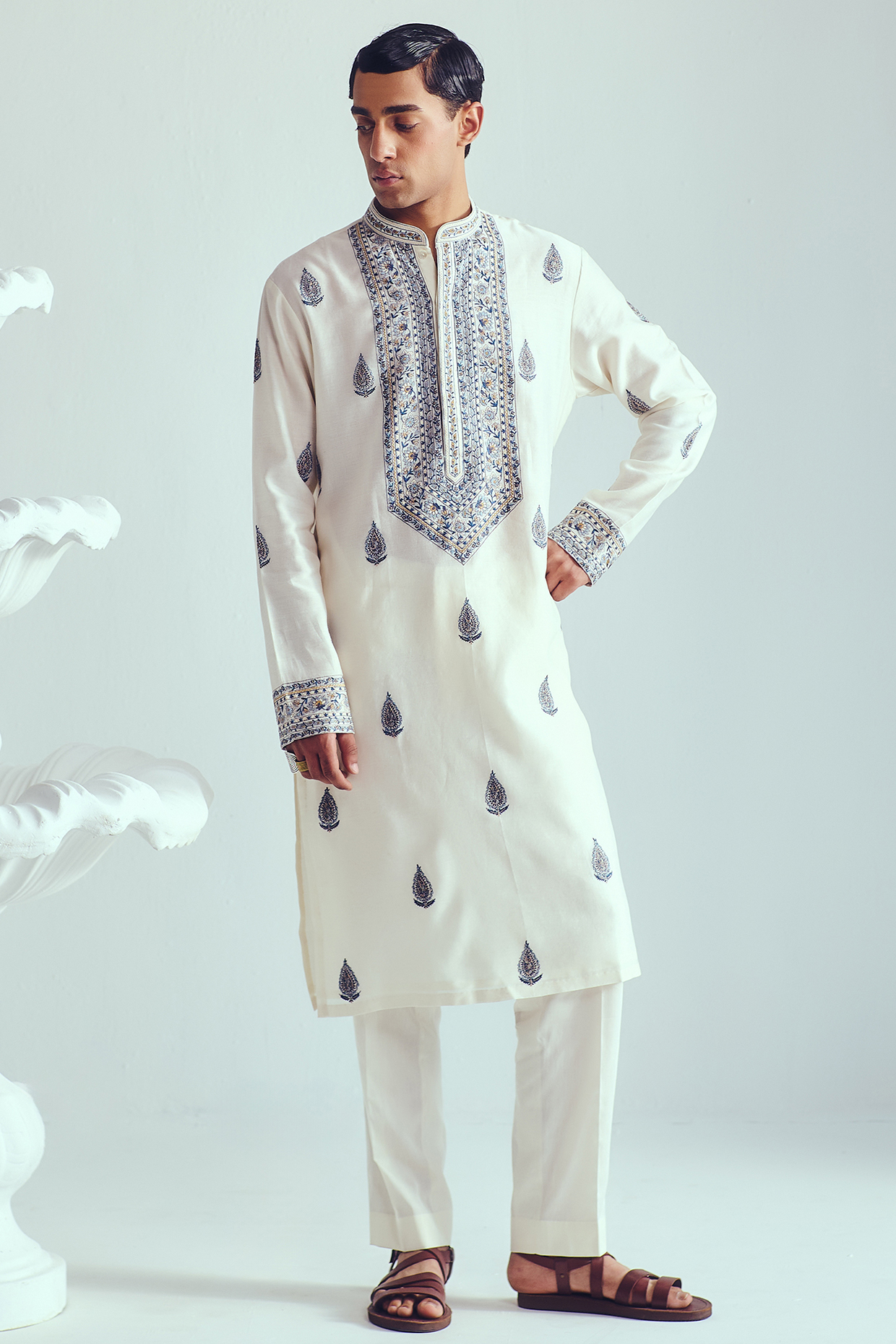 Ivory Chanderi Resham Embroidered Handloom Kurta Set by WABI SABI