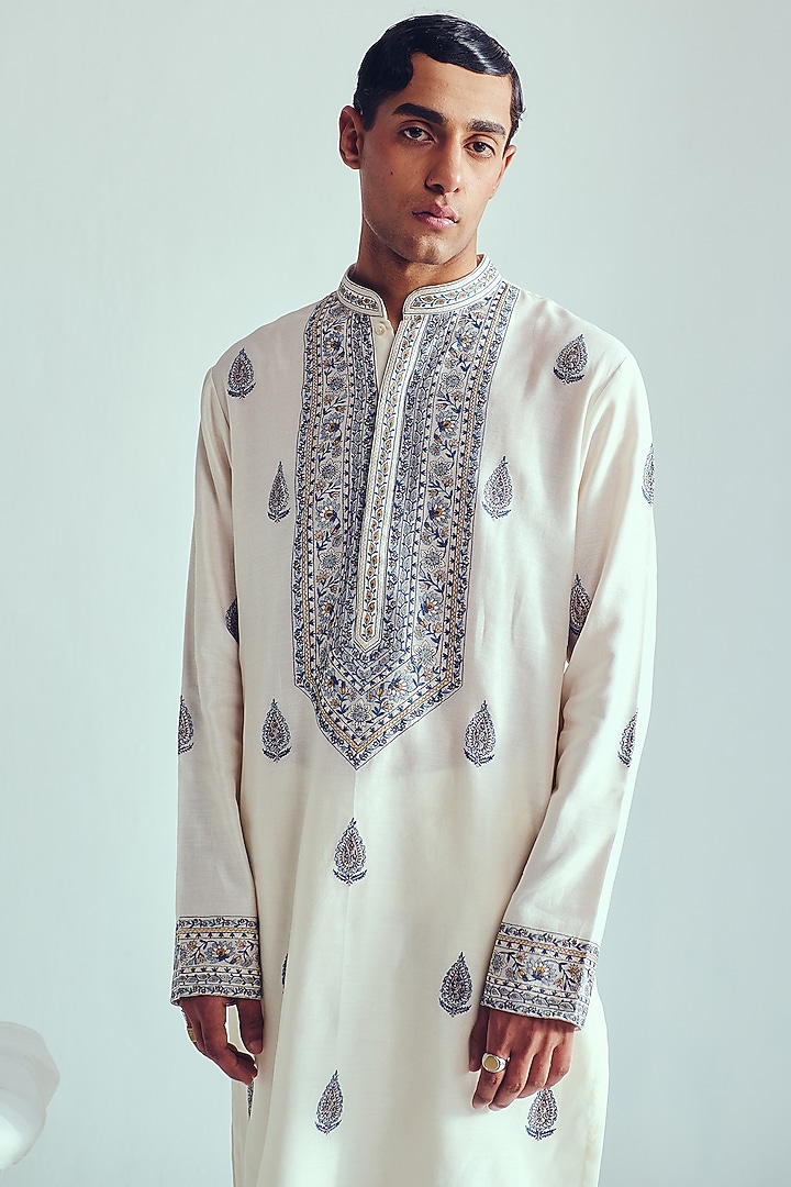 Ivory Chanderi Resham Embroidered Handloom Kurta Set by Wabi Sabi Men at Pernia's Pop Up Shop