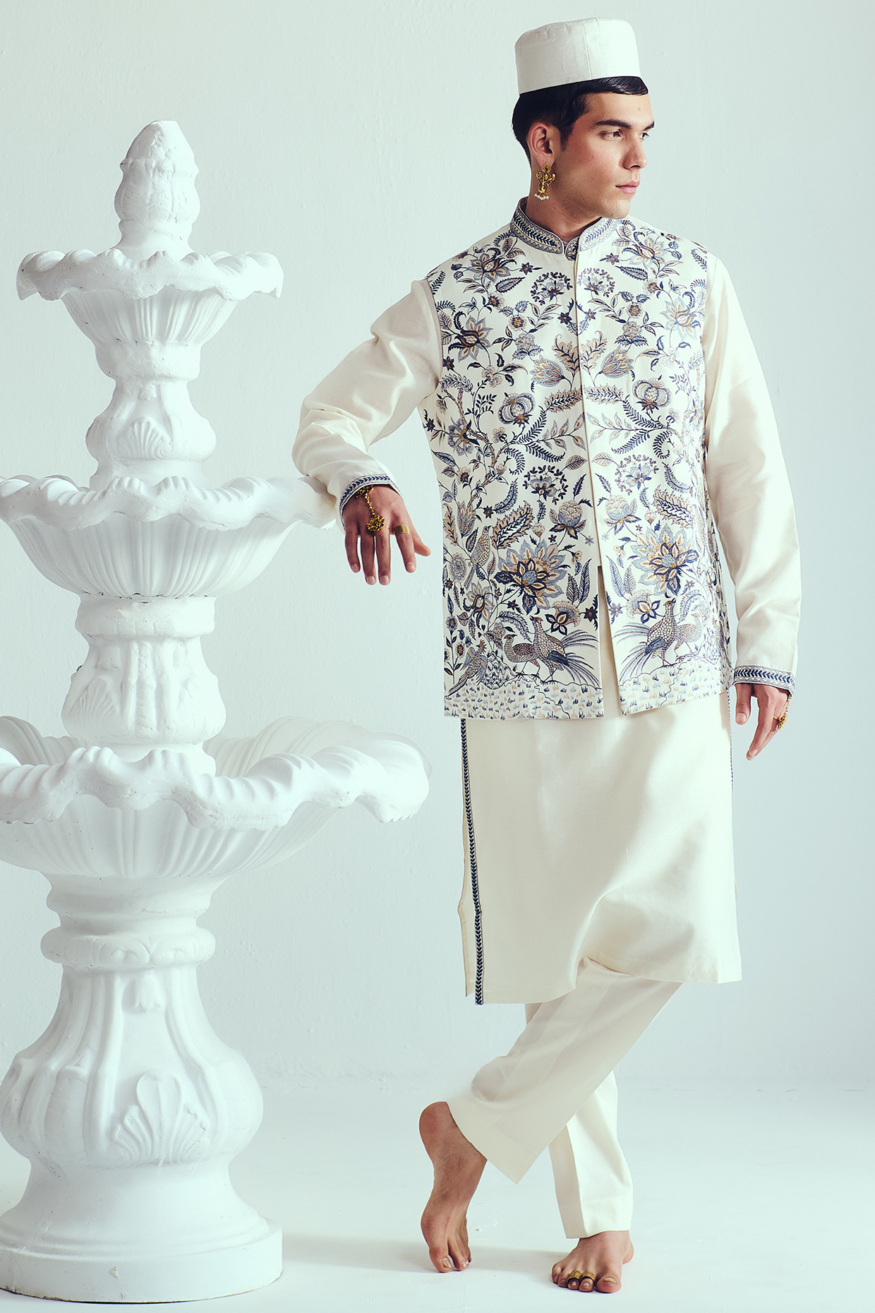 Ivory Chanderi Resham Embroidered Handloom Bundi Jacket Set by WABI SABI
