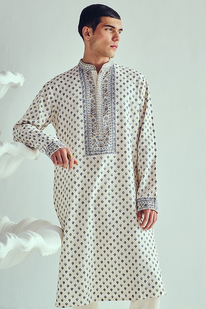 Ivory Chanderi Resham Embroidered Handloom Kurta Set by Wabi Sabi Men at Pernia's Pop Up Shop