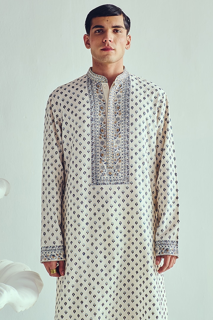 Ivory Chanderi Resham Embroidered Handloom Kurta Set by Wabi Sabi Men at Pernia's Pop Up Shop