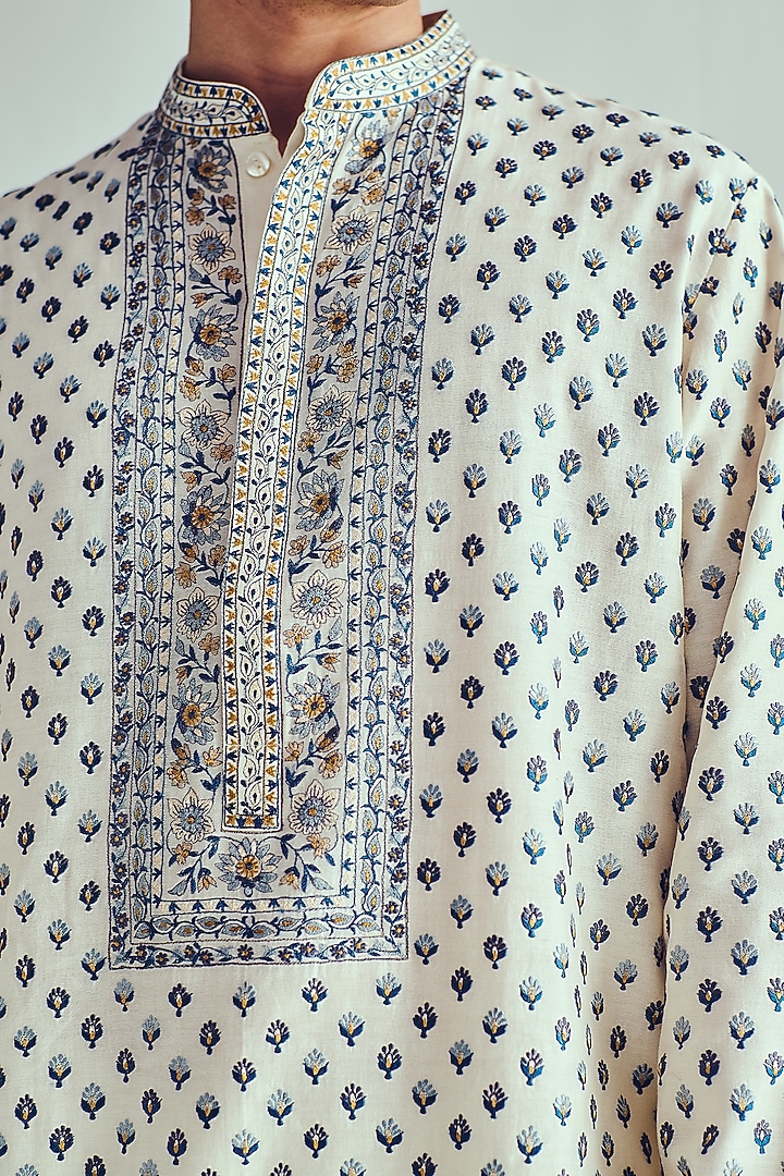 Ivory Chanderi Resham Embroidered Handloom Kurta Set by Wabi Sabi Men at Pernia's Pop Up Shop