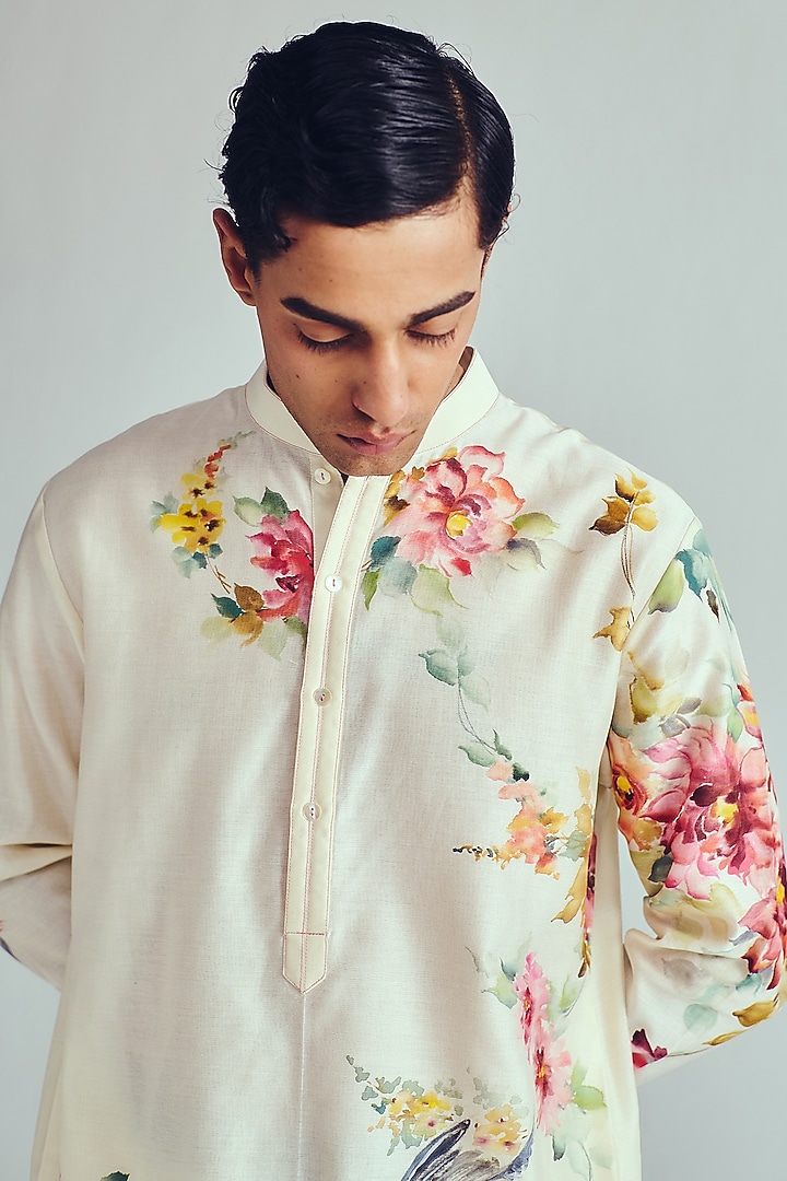 Ivory Chanderi Handpainted Handloom Kurta Set by Wabi Sabi Men at Pernia's Pop Up Shop