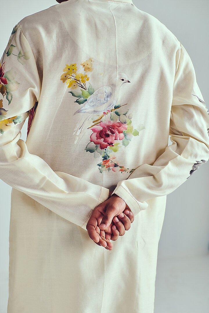 Ivory Chanderi Handpainted Handloom Kurta Set by Wabi Sabi Men at Pernia's Pop Up Shop