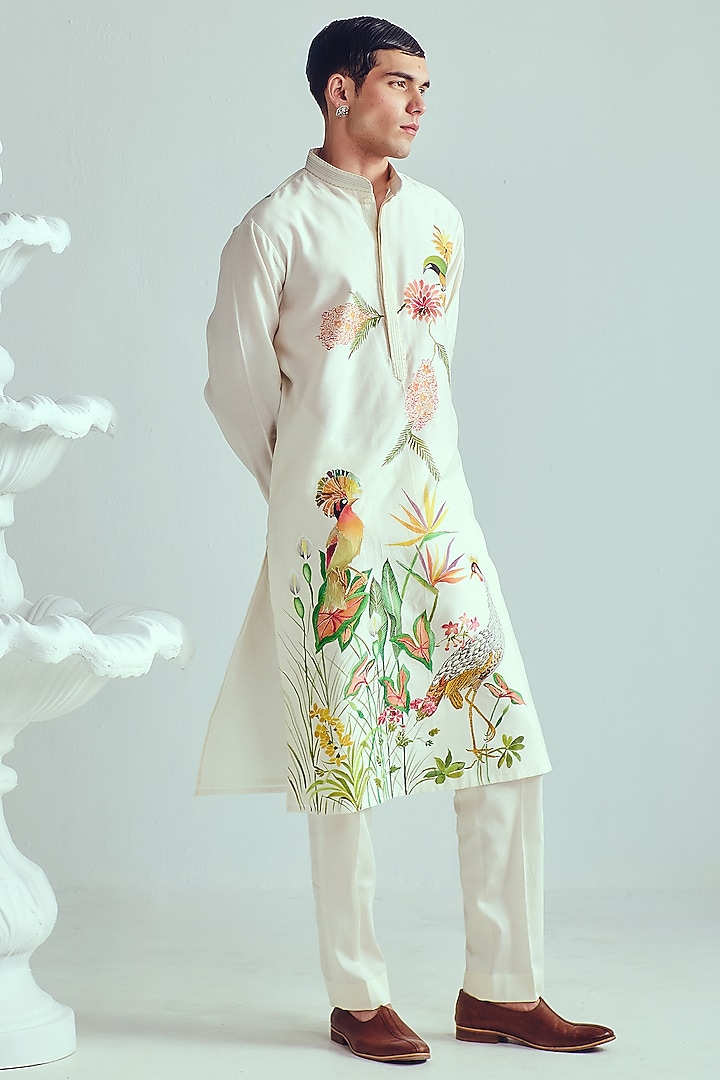 Ivory Chanderi Handpainted Handloom Kurta Set by Wabi Sabi Men at Pernia's Pop Up Shop