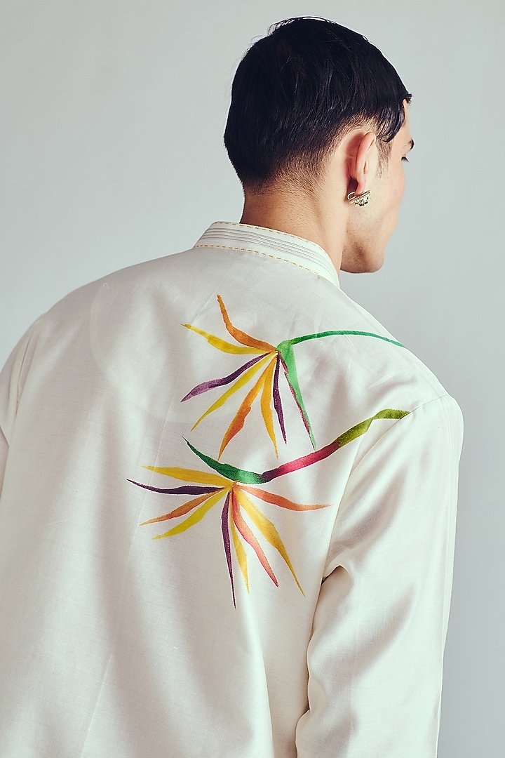 Ivory Chanderi Handpainted Handloom Kurta Set by Wabi Sabi Men at Pernia's Pop Up Shop