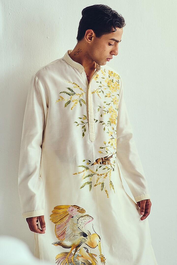 Ivory Chanderi Handpainted Handloom Kurta Set by Wabi Sabi Men at Pernia's Pop Up Shop