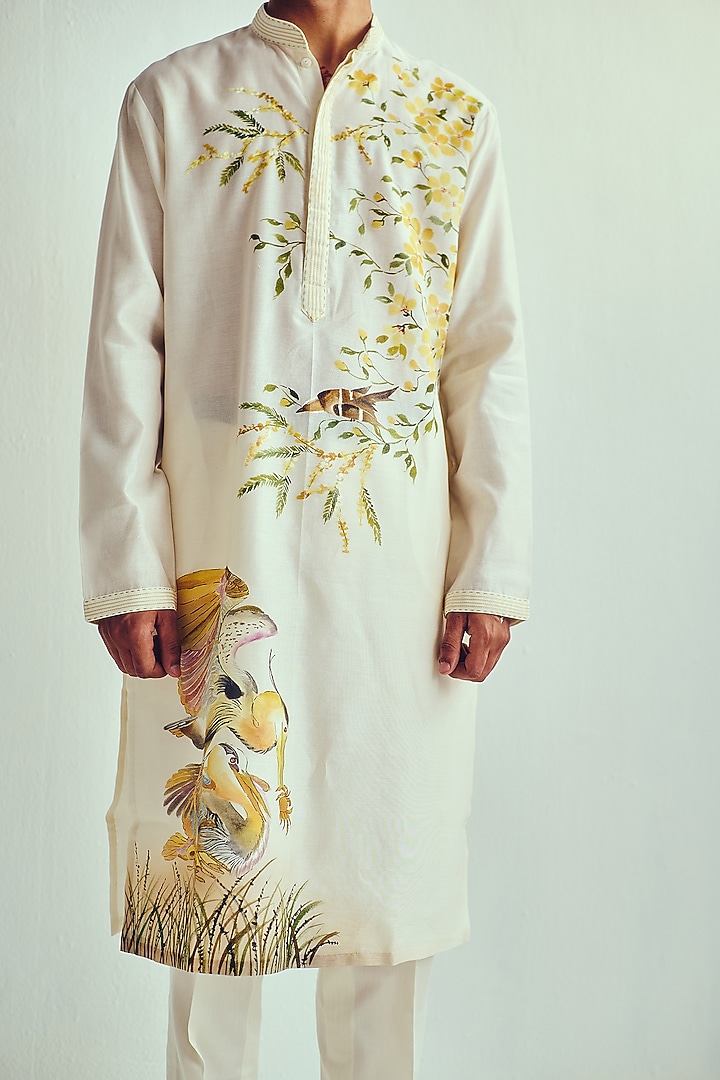 Ivory Chanderi Handpainted Handloom Kurta Set by Wabi Sabi Men at Pernia's Pop Up Shop