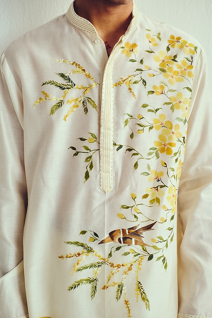 Ivory Chanderi Handpainted Handloom Kurta Set by Wabi Sabi Men at Pernia's Pop Up Shop
