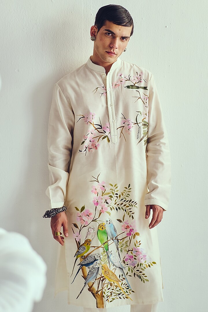 Ivory Chanderi Handpainted Handloom Kurta Set by Wabi Sabi Men at Pernia's Pop Up Shop