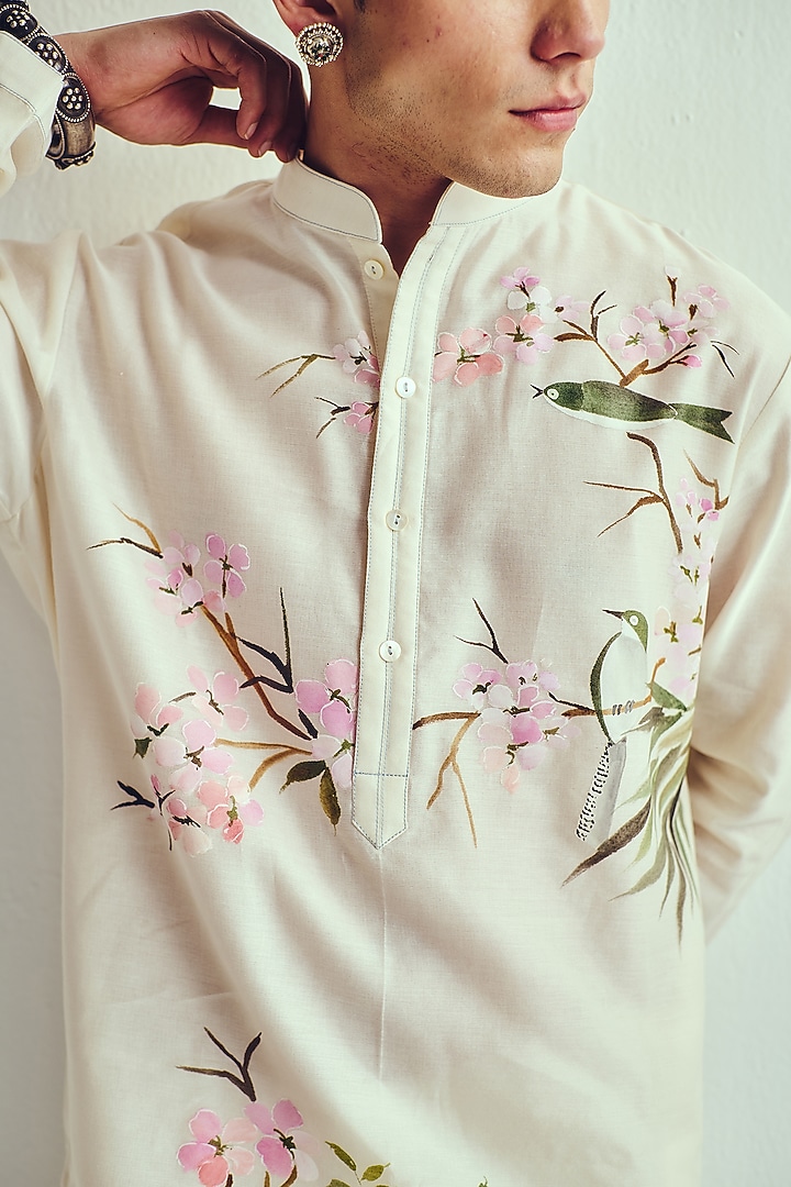 Ivory Chanderi Handpainted Handloom Kurta Set by Wabi Sabi Men at Pernia's Pop Up Shop