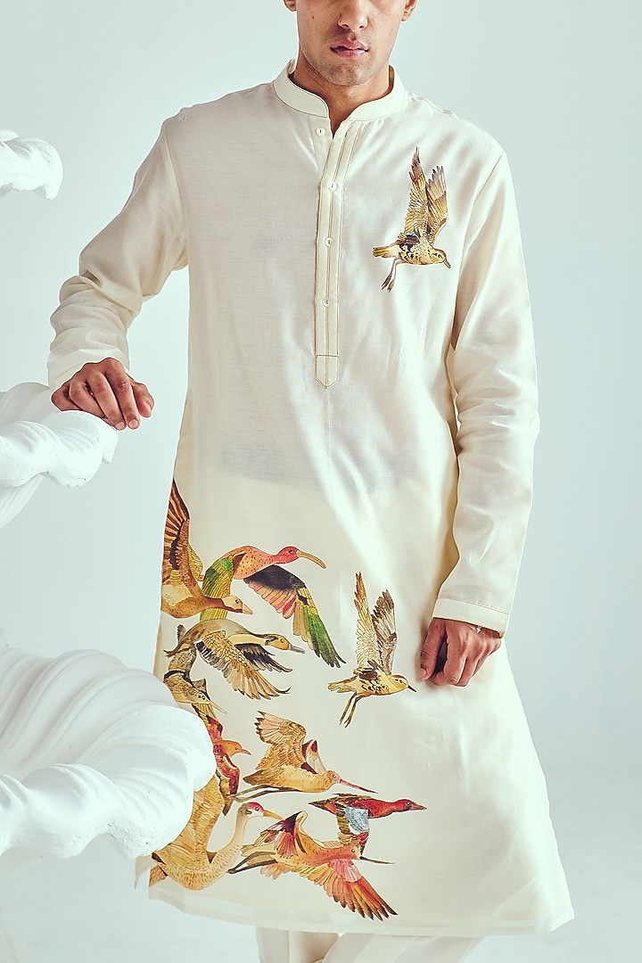 Ivory Chanderi Handpainted Handloom Kurta Set by Wabi Sabi Men at Pernia's Pop Up Shop