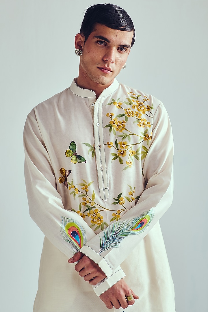 Ivory Chanderi Handpainted Handloom Kurta Set by Wabi Sabi Men at Pernia's Pop Up Shop