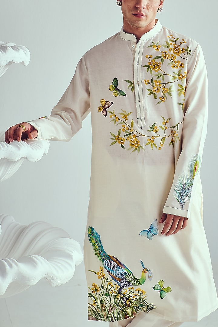 Ivory Chanderi Handpainted Handloom Kurta Set by Wabi Sabi Men at Pernia's Pop Up Shop