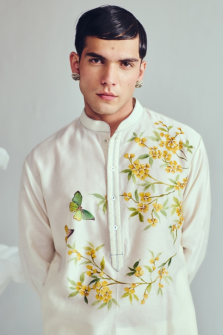 Ivory Chanderi Handpainted Handloom Kurta Set by Wabi Sabi Men at Pernia's Pop Up Shop