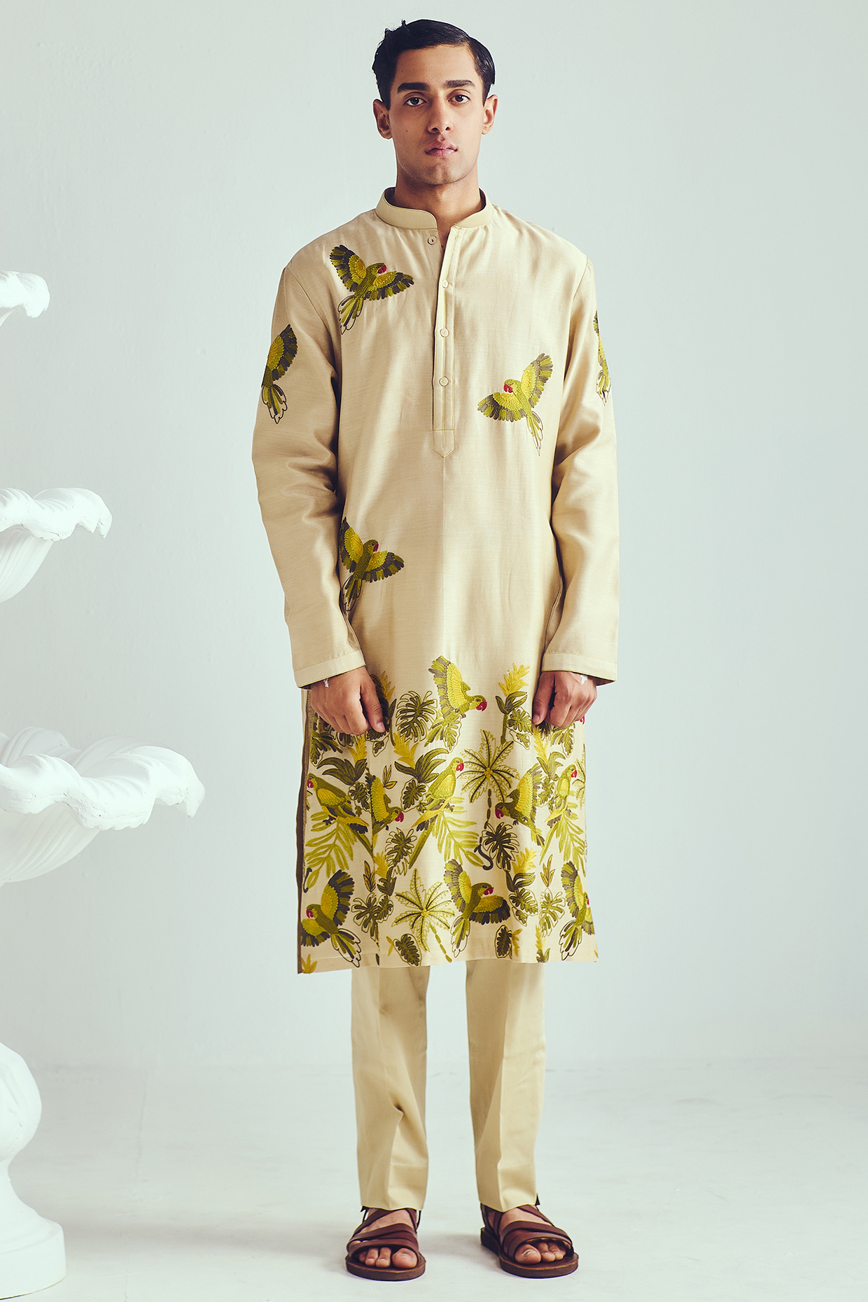 Light Beige Chanderi Handpainted & Aari Embroidered Handloom Kurta Set by WABI SABI