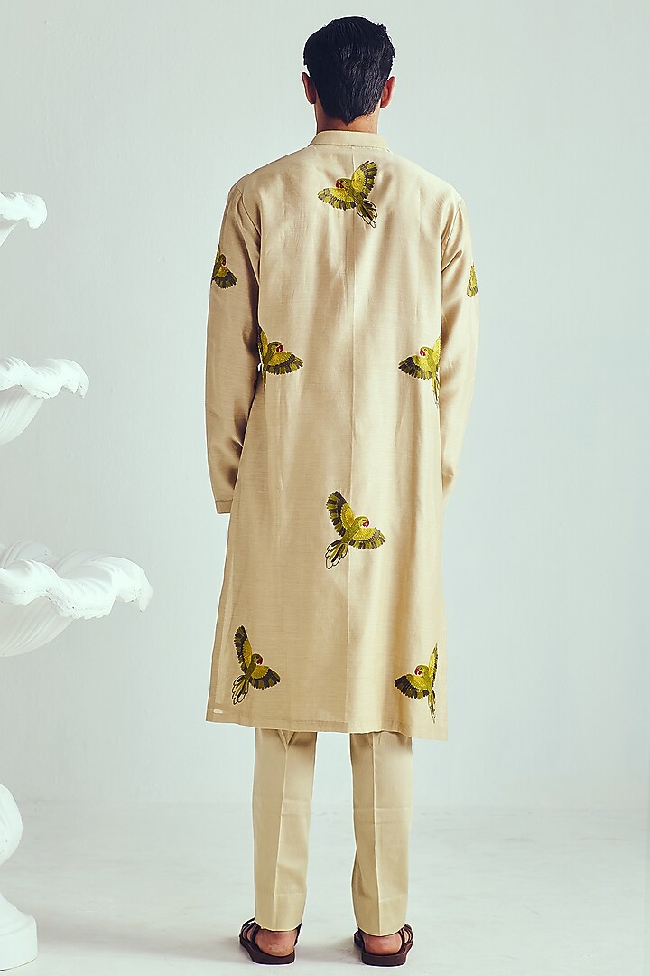 Light Beige Chanderi Handpainted & Aari Embroidered Handloom Kurta Set by Wabi Sabi Men at Pernia's Pop Up Shop