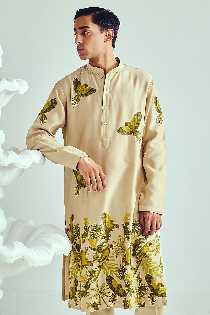 Light Beige Chanderi Handpainted & Aari Embroidered Handloom Kurta Set by Wabi Sabi Men at Pernia's Pop Up Shop