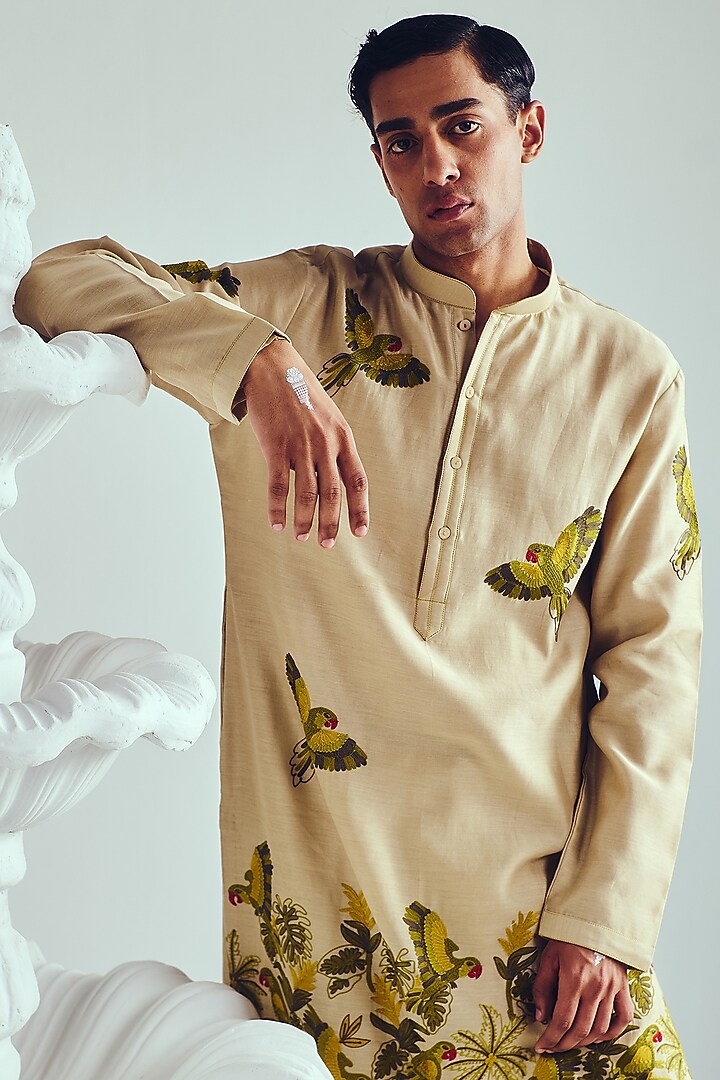 Light Beige Chanderi Handpainted & Aari Embroidered Handloom Kurta Set by Wabi Sabi Men at Pernia's Pop Up Shop