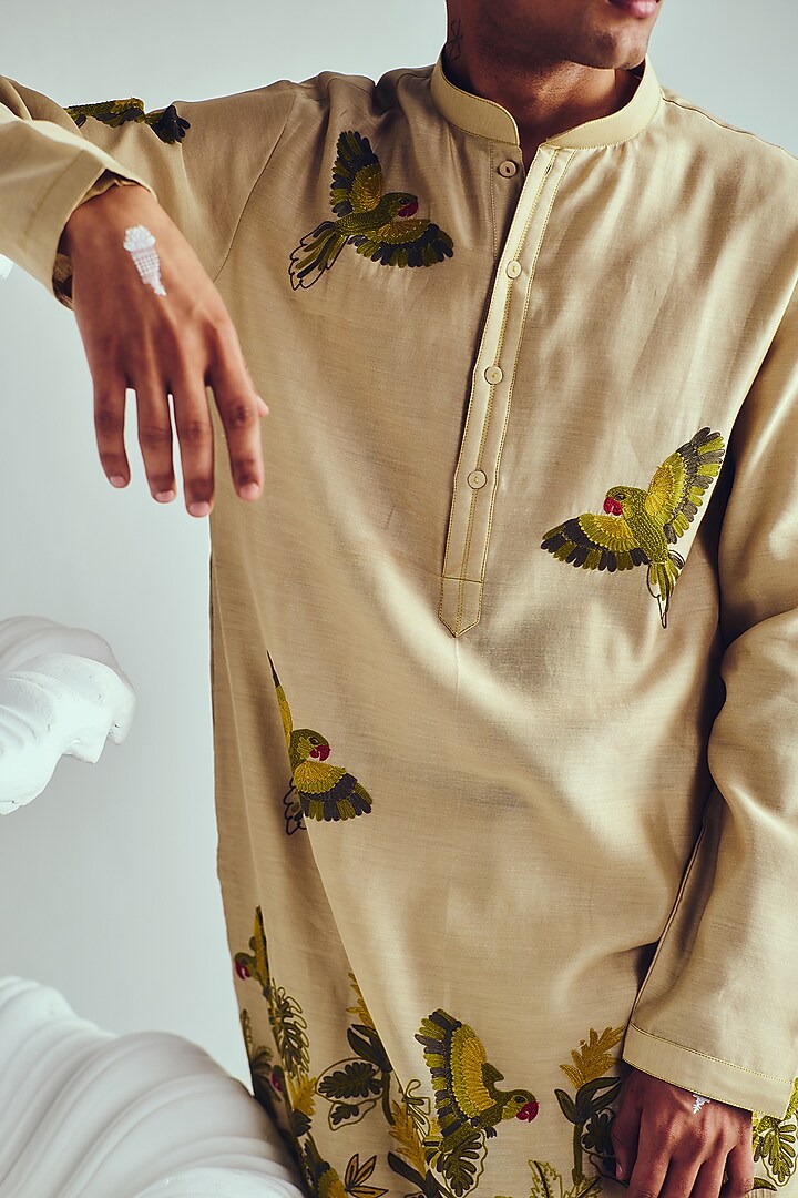 Light Beige Chanderi Handpainted & Aari Embroidered Handloom Kurta Set by Wabi Sabi Men at Pernia's Pop Up Shop