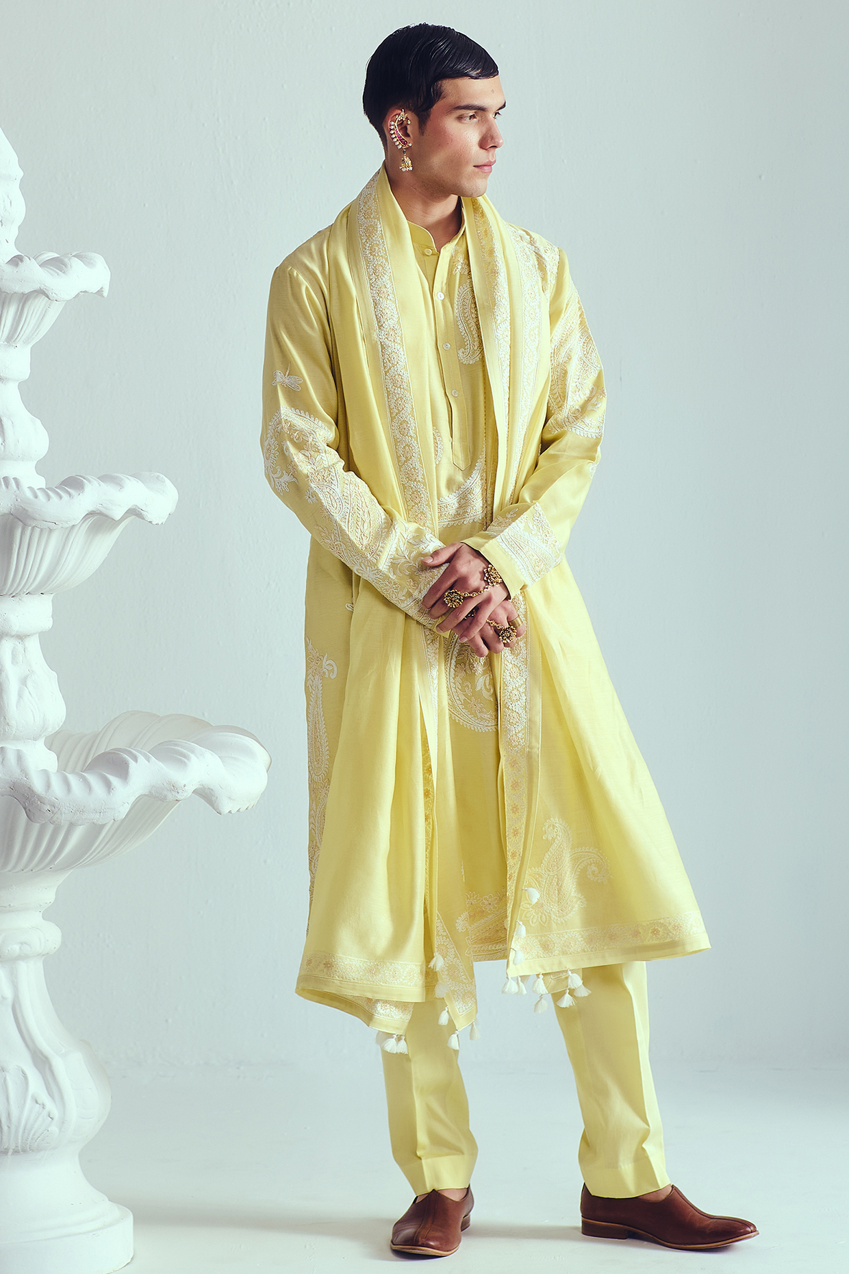 Lemon Yellow Chanderi Dori Embroidered Handloom Kurta Set by WABI SABI