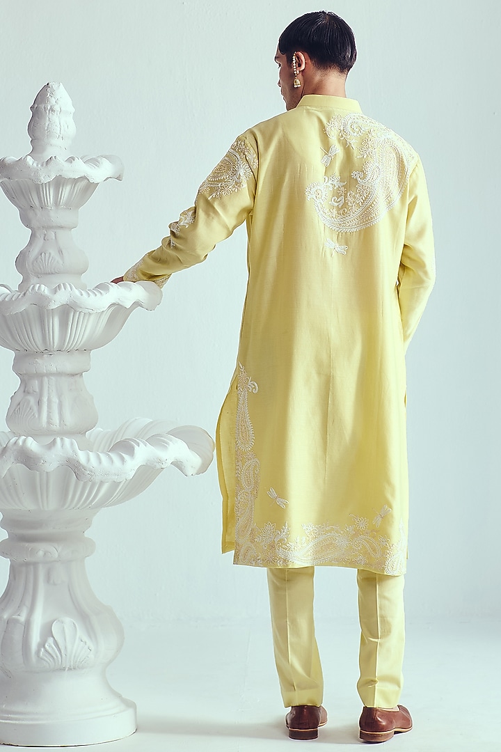 Lemon Yellow Chanderi Dori Embroidered Handloom Kurta Set by Wabi Sabi Men at Pernia's Pop Up Shop