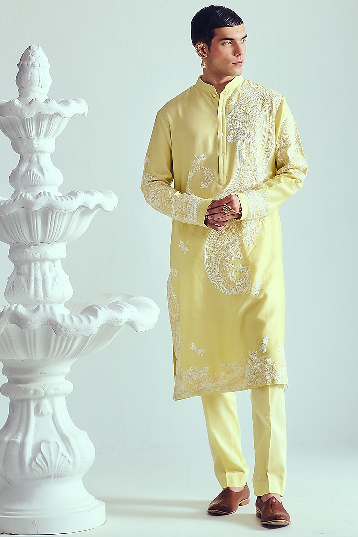 Lemon Yellow Chanderi Dori Embroidered Handloom Kurta Set by Wabi Sabi Men at Pernia's Pop Up Shop