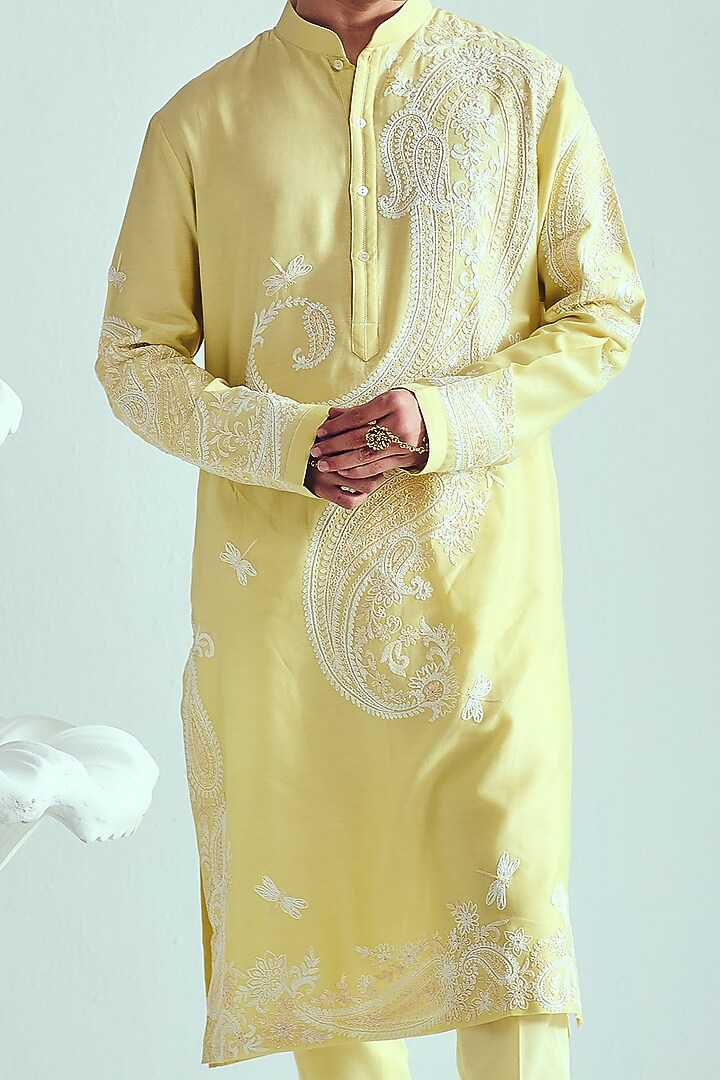 Lemon Yellow Chanderi Dori Embroidered Handloom Kurta Set by Wabi Sabi Men at Pernia's Pop Up Shop