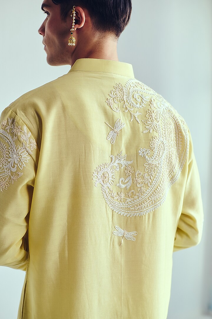 Lemon Yellow Chanderi Dori Embroidered Handloom Kurta Set by Wabi Sabi Men at Pernia's Pop Up Shop