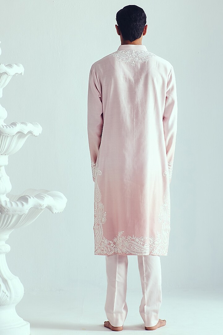 Powder Pink Chanderi Dori Embroidered Handloom Kurta Set by Wabi Sabi Men at Pernia's Pop Up Shop